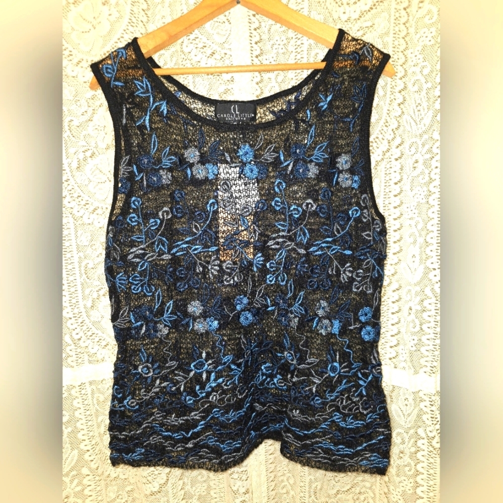 Black and Blue Lace Floral Top, Carole Little Blouse, Embossed Sheer Shirt